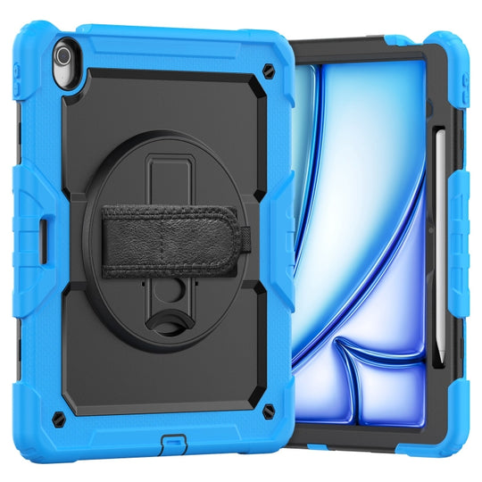 For iPad Air 13 2026 / 2025 / 2024 Turntable Holder Silicone Hybrid PC Tablet Case with Shoulder Strap(Black + Light Blue)