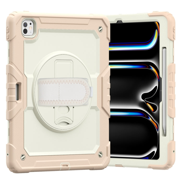 For iPad Pro 13 2025 / 2024 Turntable Holder Silicone Hybrid PC Tablet Case with Shoulder Strap(Beige + Rose Gold) by buy2fix