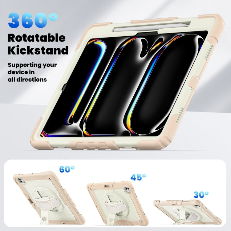 For iPad Pro 13 2025 / 2024 Turntable Holder Silicone Hybrid PC Tablet Case with Shoulder Strap(Beige + Rose Gold) by buy2fix
