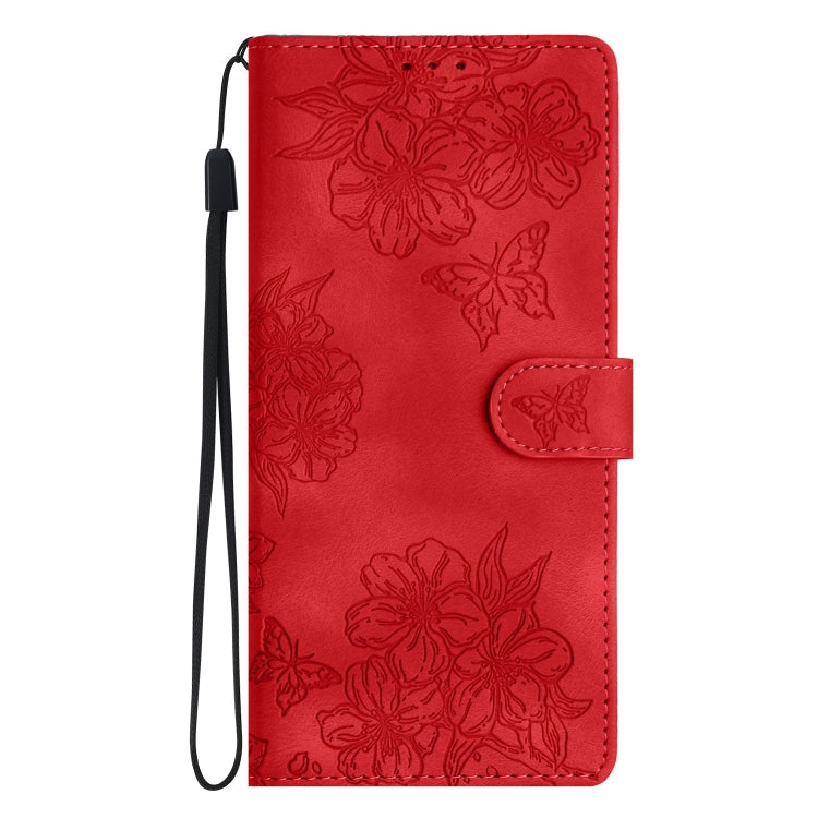 For iPhone 16 Plus Cherry Blossom Butterfly Skin Feel Embossed PU Phone Case(Red) by buy2fix