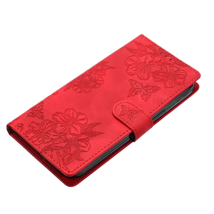 For iPhone 16 Plus Cherry Blossom Butterfly Skin Feel Embossed PU Phone Case(Red) by buy2fix