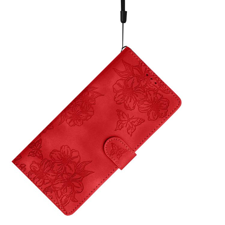 For iPhone 16e Cherry Blossom Butterfly Skin Feel Embossed PU Phone Case(Red) - iPhone 16e Cases by buy2fix | Online Shopping UK | buy2fix