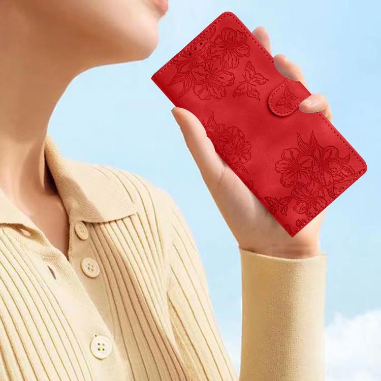 For iPhone 16e Cherry Blossom Butterfly Skin Feel Embossed PU Phone Case(Red) - iPhone 16e Cases by buy2fix | Online Shopping UK | buy2fix