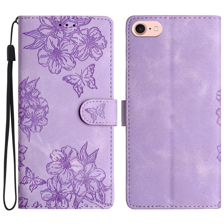 For iPhone 16e Cherry Blossom Butterfly Skin Feel Embossed PU Phone Case(Purple) - iPhone 16e Cases by buy2fix | Online Shopping UK | buy2fix