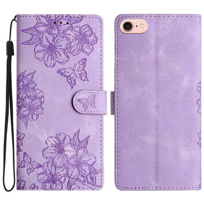 For iPhone 16e Cherry Blossom Butterfly Skin Feel Embossed PU Phone Case(Purple) - iPhone 16e Cases by buy2fix | Online Shopping UK | buy2fix
