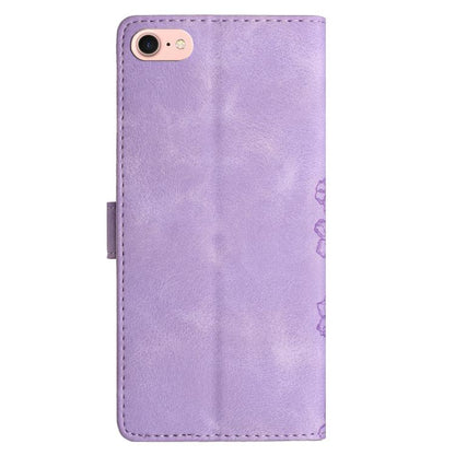 For iPhone 16e Cherry Blossom Butterfly Skin Feel Embossed PU Phone Case(Purple) - iPhone 16e Cases by buy2fix | Online Shopping UK | buy2fix