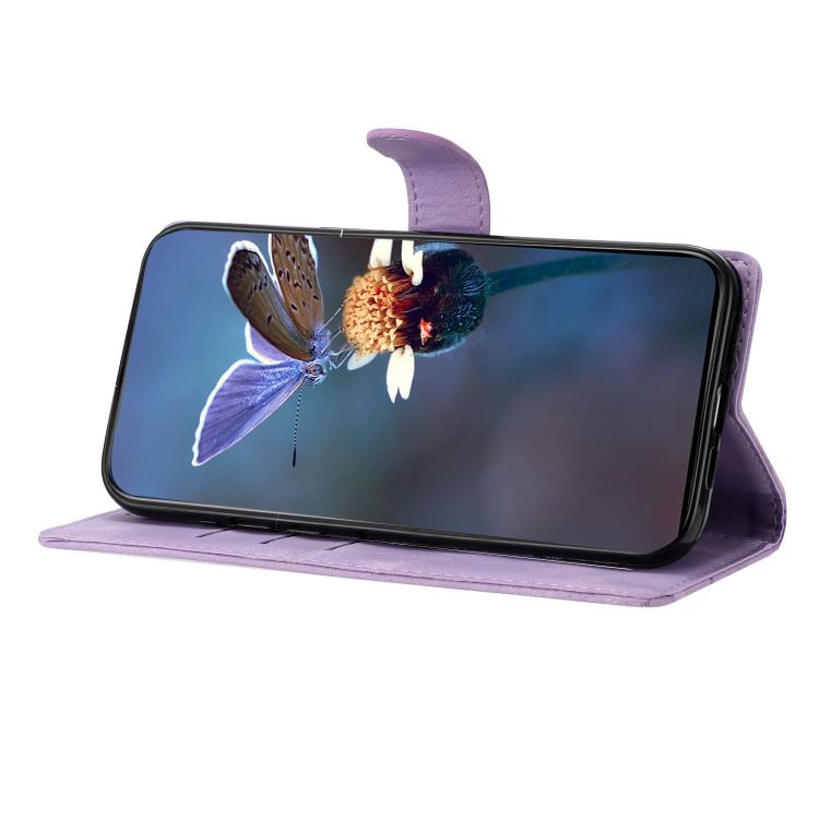 For iPhone 16e Cherry Blossom Butterfly Skin Feel Embossed PU Phone Case(Purple) - iPhone 16e Cases by buy2fix | Online Shopping UK | buy2fix