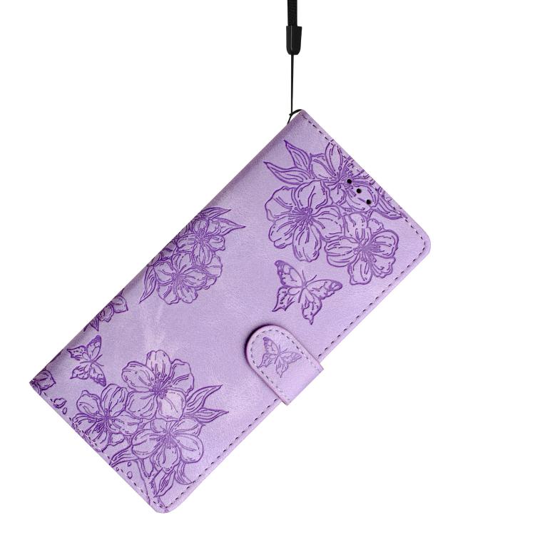 For iPhone 16e Cherry Blossom Butterfly Skin Feel Embossed PU Phone Case(Purple) - iPhone 16e Cases by buy2fix | Online Shopping UK | buy2fix