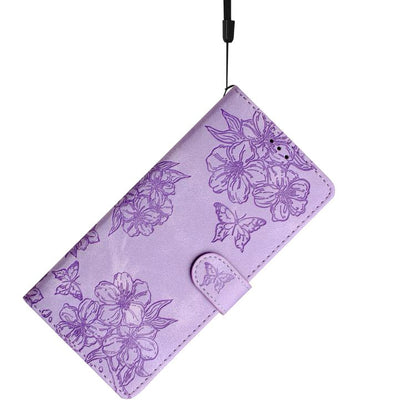 For iPhone 16e Cherry Blossom Butterfly Skin Feel Embossed PU Phone Case(Purple) - iPhone 16e Cases by buy2fix | Online Shopping UK | buy2fix