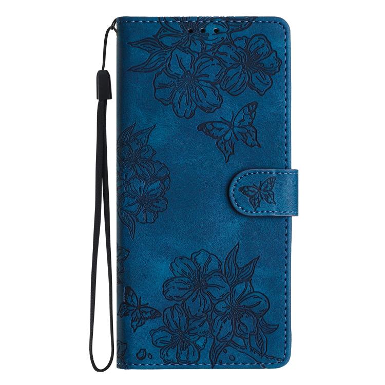 For iPhone 16e Cherry Blossom Butterfly Skin Feel Embossed PU Phone Case(Blue) - iPhone 16e Cases by buy2fix | Online Shopping UK | buy2fix