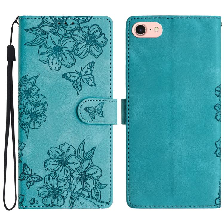 For iPhone 16e Cherry Blossom Butterfly Skin Feel Embossed PU Phone Case(Green) - iPhone 16e Cases by buy2fix | Online Shopping UK | buy2fix