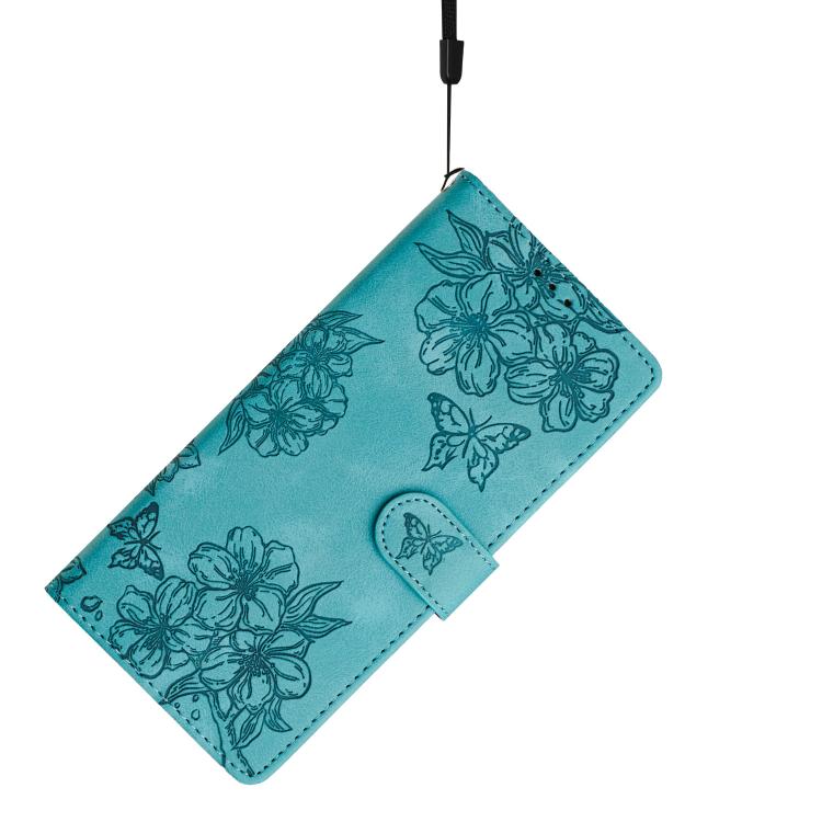 For iPhone 16e Cherry Blossom Butterfly Skin Feel Embossed PU Phone Case(Green) - iPhone 16e Cases by buy2fix | Online Shopping UK | buy2fix