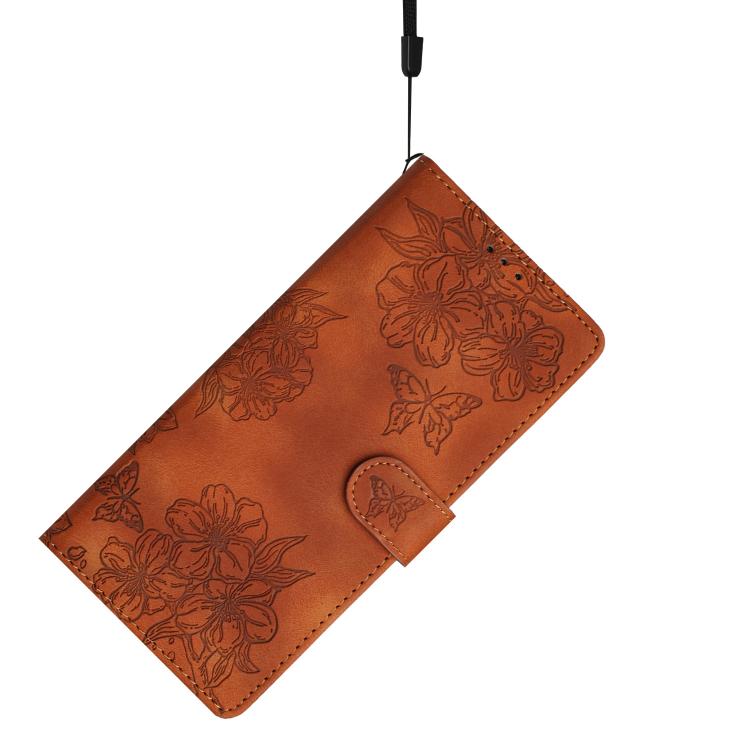 For iPhone 16e Cherry Blossom Butterfly Skin Feel Embossed PU Phone Case(Brown) - iPhone 16e Cases by buy2fix | Online Shopping UK | buy2fix