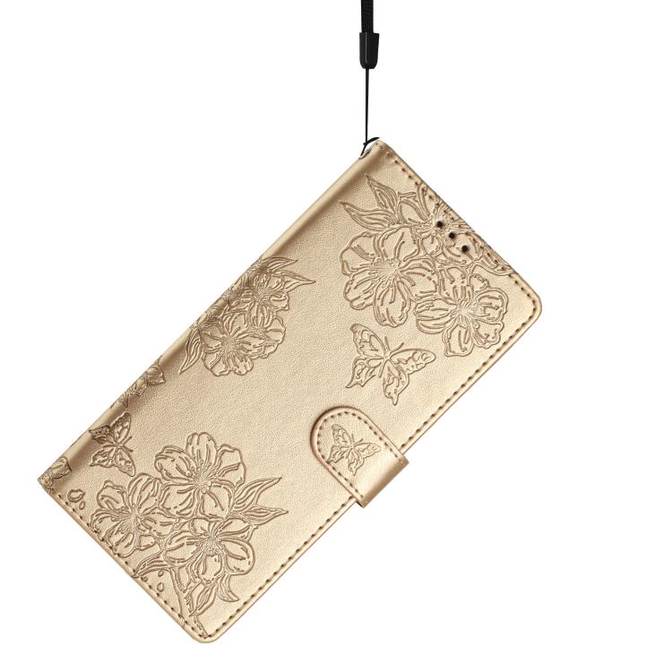 For iPhone 16e Cherry Blossom Butterfly Skin Feel Embossed PU Phone Case(Gold) - iPhone 16e Cases by buy2fix | Online Shopping UK | buy2fix