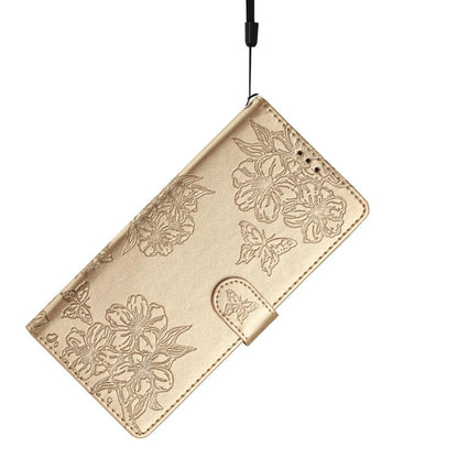 For iPhone 16e Cherry Blossom Butterfly Skin Feel Embossed PU Phone Case(Gold) - iPhone 16e Cases by buy2fix | Online Shopping UK | buy2fix