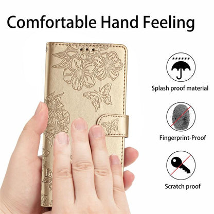 For iPhone 16e Cherry Blossom Butterfly Skin Feel Embossed PU Phone Case(Gold) - iPhone 16e Cases by buy2fix | Online Shopping UK | buy2fix