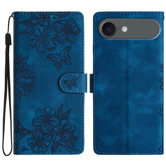 For iPhone Air Cherry Blossom Butterfly Skin Feel Embossed PU Phone Case(Blue) - iPhone Air Cases by buy2fix | Online Shopping UK | buy2fix