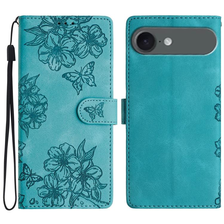 For iPhone Air Cherry Blossom Butterfly Skin Feel Embossed PU Phone Case(Green) - iPhone Air Cases by buy2fix | Online Shopping UK | buy2fix