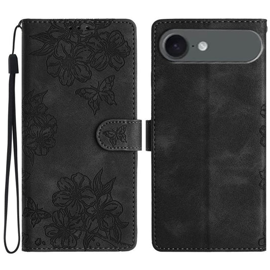 For iPhone Air Cherry Blossom Butterfly Skin Feel Embossed PU Phone Case(Black) - iPhone Air Cases by buy2fix | Online Shopping UK | buy2fix