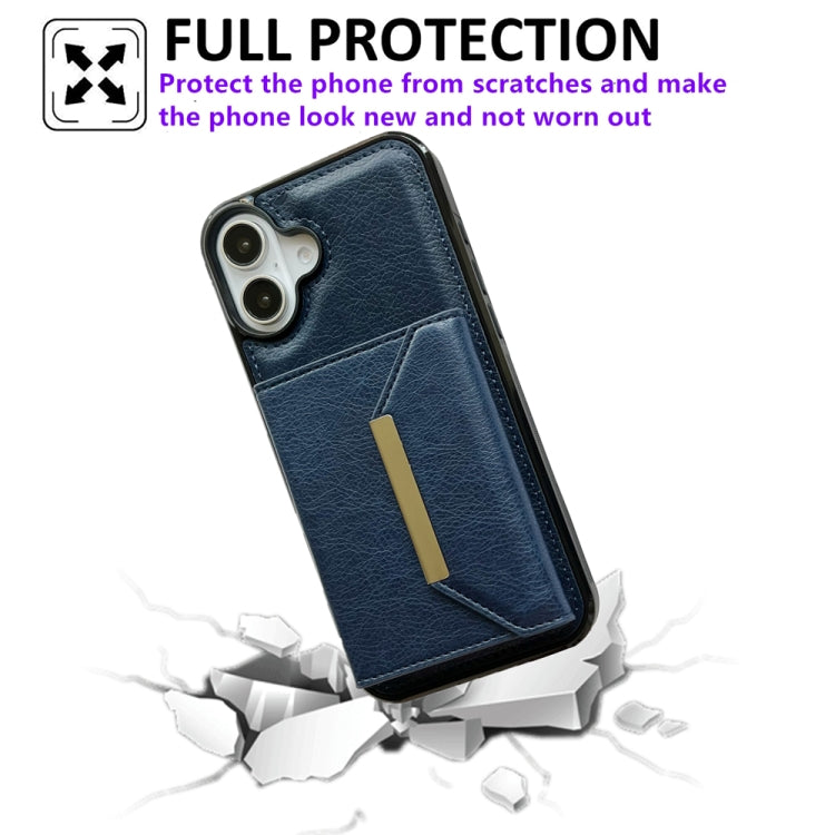 For iPhone 16 Solid Color Metal Buckle Card Slots Bag Phone Case(Blue) - iPhone 16 Cases by buy2fix | Online Shopping UK | buy2fix