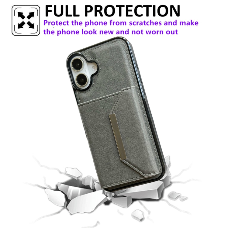 For iPhone 16 Solid Color Metal Buckle Card Slots Bag Phone Case(Grey) - iPhone 16 Cases by buy2fix | Online Shopping UK | buy2fix