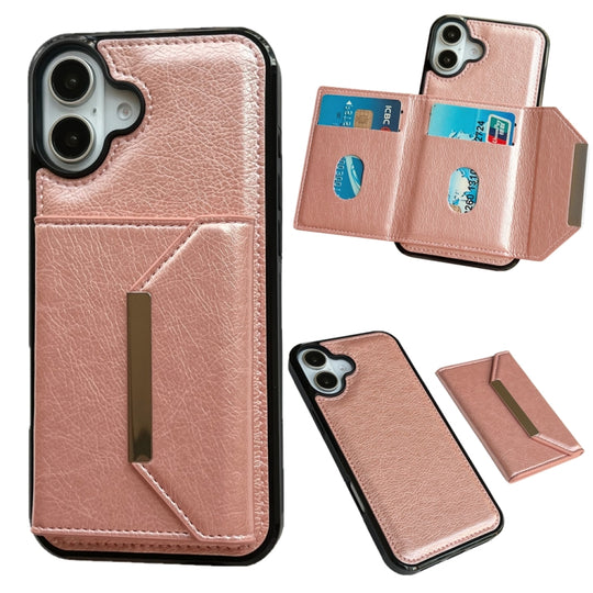 For iPhone 16 Solid Color Metal Buckle Card Slots Bag Phone Case(Rose Gold)
