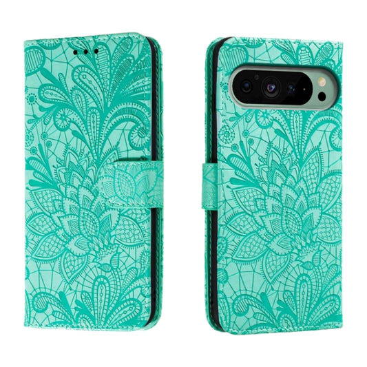 For Google Pixel 9 Lace Flower Embossing Flip Leather Phone Case(Green) - Google Cases by buy2fix | Online Shopping UK | buy2fix