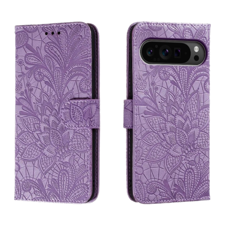 For Google Pixel 9 Pro Lace Flower Embossing Flip Leather Phone Case(Purple) - Google Cases by buy2fix | Online Shopping UK | buy2fix