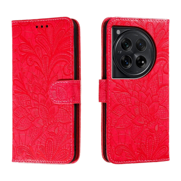 For OnePlus 12 Lace Flower Embossing Flip Leather Phone Case(Red) - OnePlus Cases by buy2fix | Online Shopping UK | buy2fix