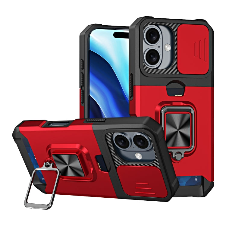 For iPhone 16 Plus Camera Shield Card Slot PC+TPU Phone Case(Red) - iPhone 16 Plus Cases by buy2fix | Online Shopping UK | buy2fix