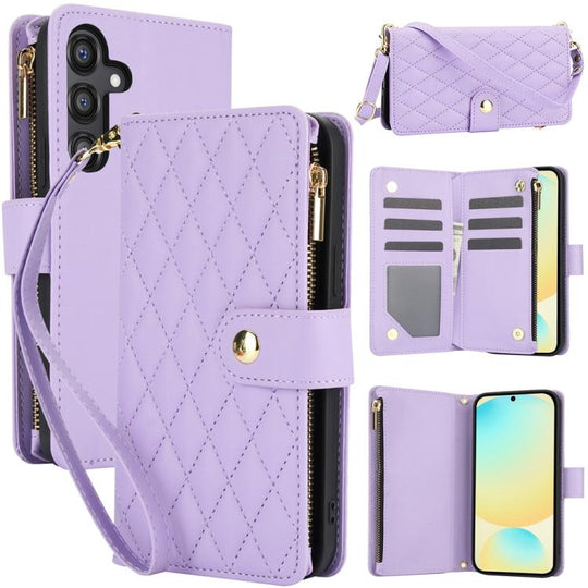 For Samsung Galaxy S24 FE 5G YM016 Rhombic Zipper Card Wallet Leather Phone Case with Lanyard(Light Purple)