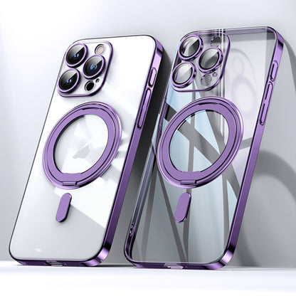 For iPhone 15 Pro Max Plating PC 360 Ring Holder Magsafe Phone Case(Clear Purple) - iPhone 15 Pro Max Cases by buy2fix | Online Shopping UK | buy2fix