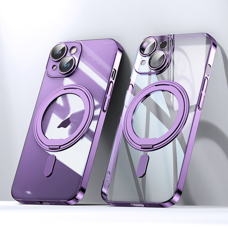 For iPhone 15 Plating PC 360 Ring Holder Magsafe Phone Case(Clear Purple) - iPhone 15 Cases by buy2fix | Online Shopping UK | buy2fix