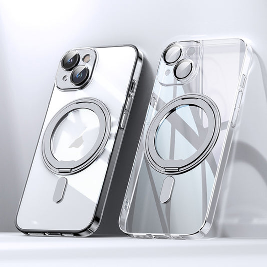 For iPhone 15 Plating PC 360 Ring Holder Magsafe Phone Case(Transparent) - iPhone 15 Cases by buy2fix | Online Shopping UK | buy2fix