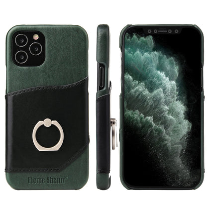 For iPhone 12 Pro Max Fierre Shann Oil Wax Texture Genuine Leather Back Cover Case with 360 Degree Rotation Holder & Card Slot(Black+Green) - iPhone 12 Pro Max Cases by FIERRE SHANN | Online Shopping UK | buy2fix