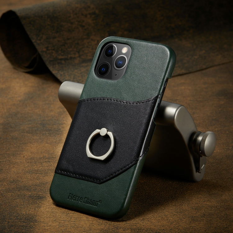 For iPhone 12 Pro Max Fierre Shann Oil Wax Texture Genuine Leather Back Cover Case with 360 Degree Rotation Holder & Card Slot(Black+Green) - iPhone 12 Pro Max Cases by FIERRE SHANN | Online Shopping UK | buy2fix