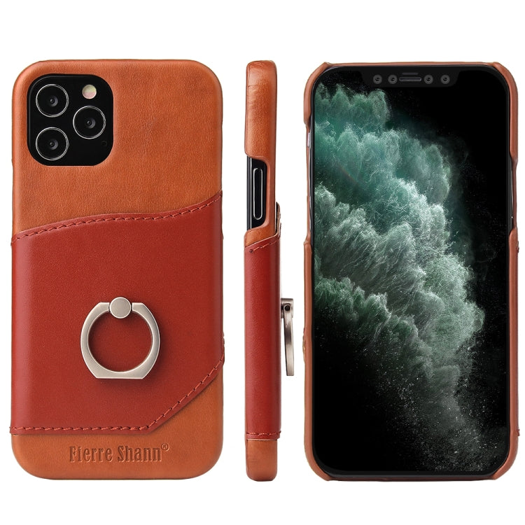 For iPhone 12 / 12 Pro Fierre Shann Oil Wax Texture Genuine Leather Back Cover Case with 360 Degree Rotation Holder & Card Slot(Light Brown+Dark Brown) - iPhone 12 / 12 Pro Cases by FIERRE SHANN | Online Shopping UK | buy2fix