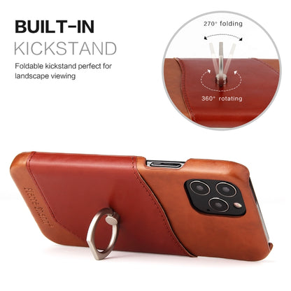 For iPhone 12 / 12 Pro Fierre Shann Oil Wax Texture Genuine Leather Back Cover Case with 360 Degree Rotation Holder & Card Slot(Light Brown+Dark Brown) - iPhone 12 / 12 Pro Cases by FIERRE SHANN | Online Shopping UK | buy2fix