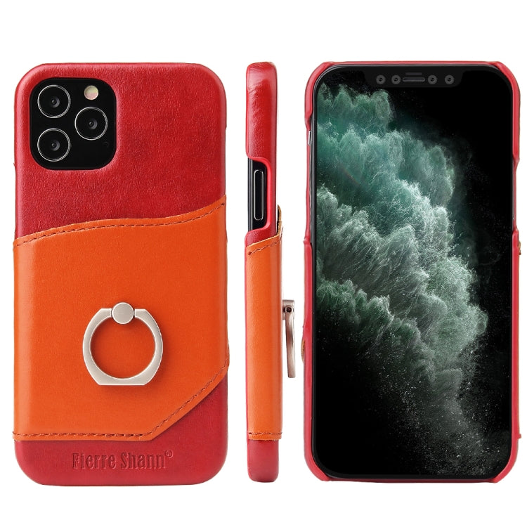 For iPhone 12 / 12 Pro Fierre Shann Oil Wax Texture Genuine Leather Back Cover Case with 360 Degree Rotation Holder & Card Slot(Red+Light Brown) - iPhone 12 / 12 Pro Cases by FIERRE SHANN | Online Shopping UK | buy2fix
