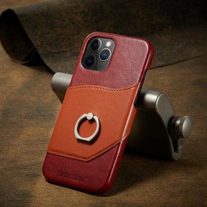For iPhone 12 / 12 Pro Fierre Shann Oil Wax Texture Genuine Leather Back Cover Case with 360 Degree Rotation Holder & Card Slot(Red+Light Brown) - iPhone 12 / 12 Pro Cases by FIERRE SHANN | Online Shopping UK | buy2fix