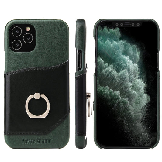For iPhone 12 / 12 Pro Fierre Shann Oil Wax Texture Genuine Leather Back Cover Case with 360 Degree Rotation Holder & Card Slot(Black+Green) - iPhone 12 / 12 Pro Cases by FIERRE SHANN | Online Shopping UK | buy2fix