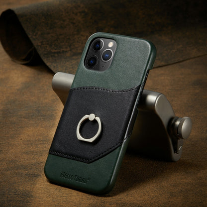 For iPhone 12 mini Fierre Shann Oil Wax Texture Genuine Leather Back Cover Case with 360 Degree Rotation Holder & Card Slot(Black+Green) - iPhone 12 mini Cases by FIERRE SHANN | Online Shopping UK | buy2fix