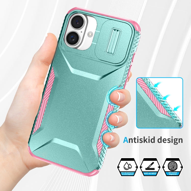 For iPhone 16 Plus Sliding Camshield Phone Case(Grey Green + Pink) - iPhone 16 Plus Cases by buy2fix | Online Shopping UK | buy2fix