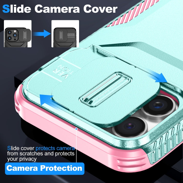 For iPhone 16 Pro Sliding Camshield Phone Case(Grey Green + Pink) - iPhone 16 Pro Cases by buy2fix | Online Shopping UK | buy2fix