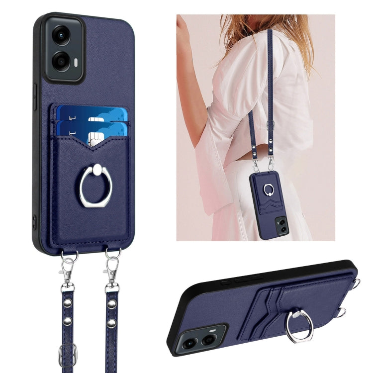 For Motorola Moto G Play 2024 5G R20 Crossbody Rope Ring Card Holder Phone Case(Blue) - Motorola Cases by buy2fix | Online Shopping UK | buy2fix