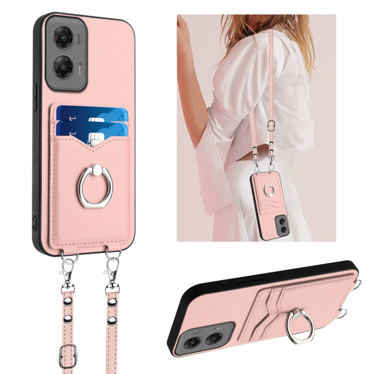 For Motorola Moto G Stylus 5G 2024 R20 Crossbody Rope Ring Card Holder Phone Case(Pink) - Motorola Cases by buy2fix | Online Shopping UK | buy2fix