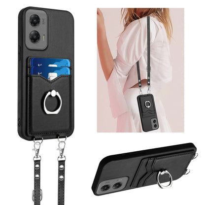 For Motorola Moto G Stylus 5G 2024 R20 Crossbody Rope Ring Card Holder Phone Case(Black) - Motorola Cases by buy2fix | Online Shopping UK | buy2fix