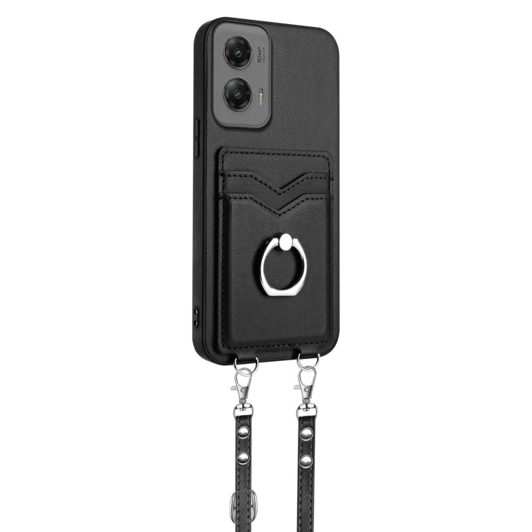 For Motorola Moto G Stylus 5G 2024 R20 Crossbody Rope Ring Card Holder Phone Case(Black) - Motorola Cases by buy2fix | Online Shopping UK | buy2fix