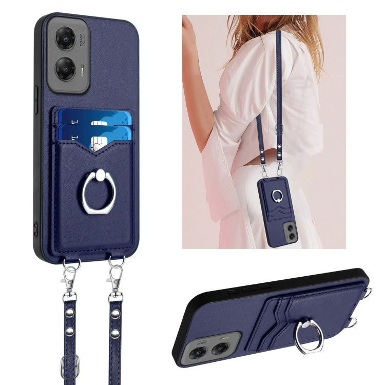 For Motorola Moto G Stylus 5G 2024 R20 Crossbody Rope Ring Card Holder Phone Case(Blue) - Motorola Cases by buy2fix | Online Shopping UK | buy2fix