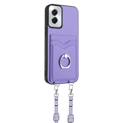 For Motorola Moto G Power 5G 2024 R20 Crossbody Rope Ring Card Holder Phone Case(Purple) - Motorola Cases by buy2fix | Online Shopping UK | buy2fix